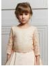 Three Quarter Sleeves Peach Lace Satin Peplum Long Flower Girl Dress